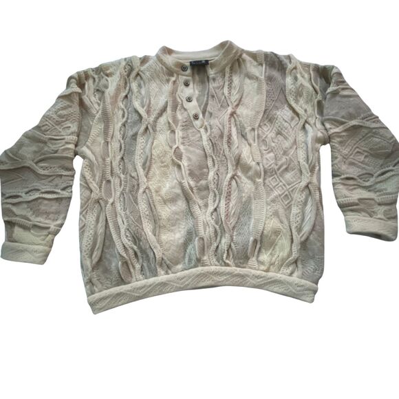 COOGI Mens Neutral Tone 3D Knit 100% Pure New Wool Quarter Button Sweater sz M - Picture 1 of 15